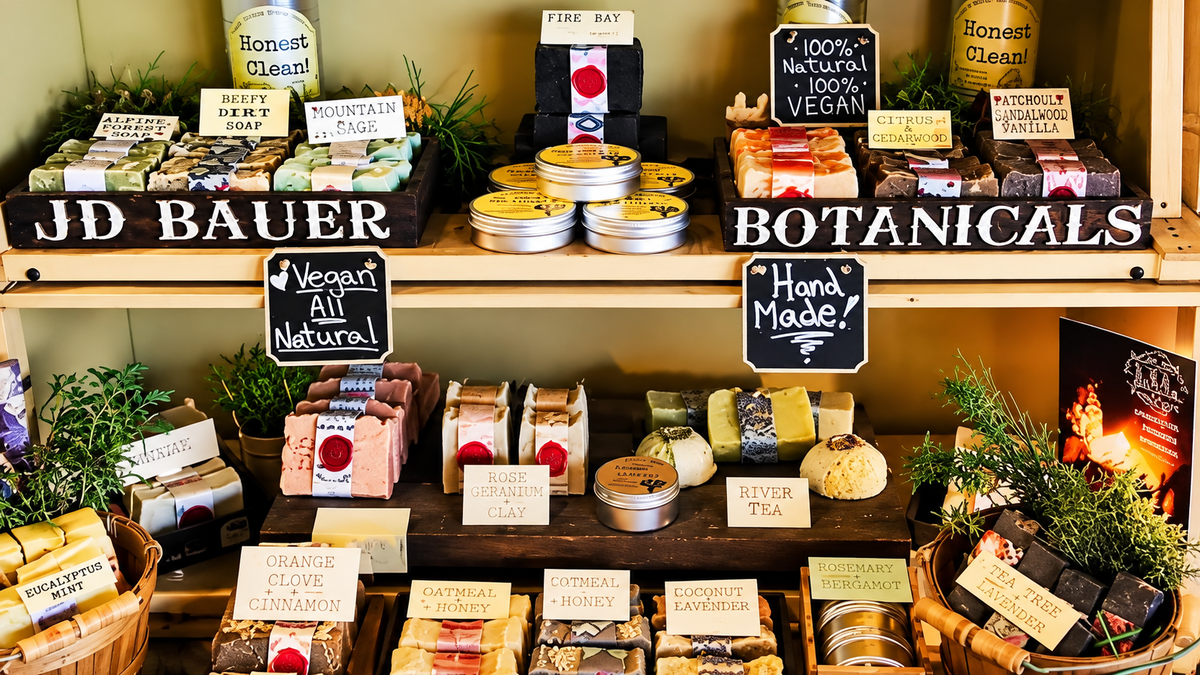 J.D. Bauer Botanicals handmade hot-process soap display