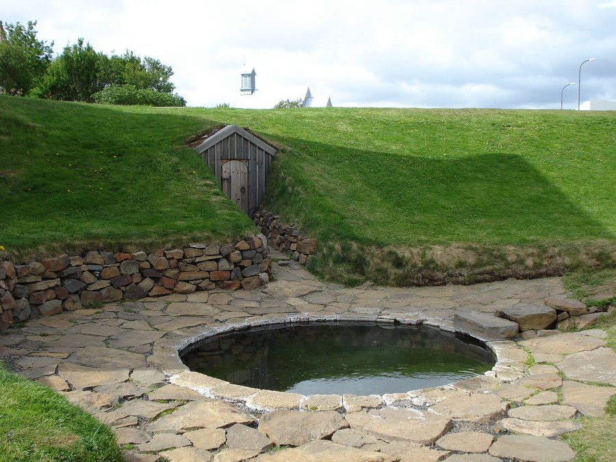 Snorralaug, the medieval stone-ringed hot pool at Reykholt, Iceland